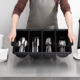 Restaurantware black plastic flatware holder keeps forks, knives, and spoons neatly stored.