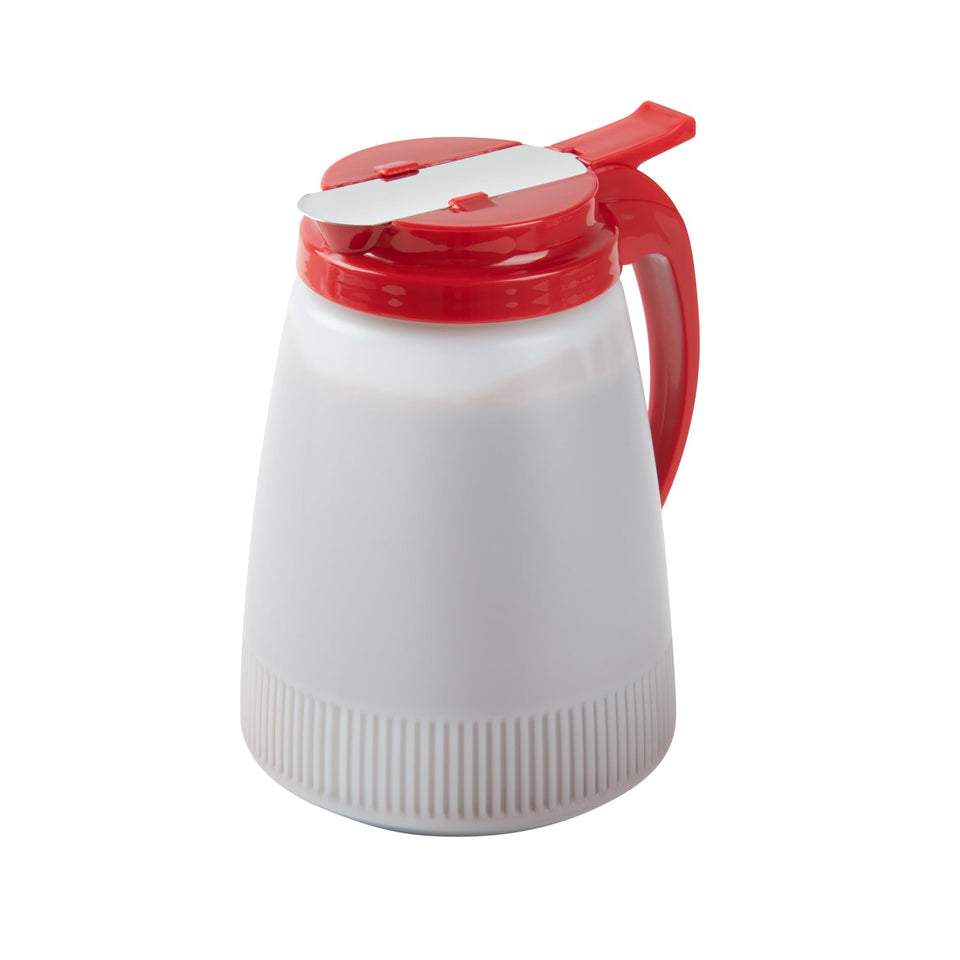 Restaurantware Chef 101 48oz syrup dispenser with red top enables precise pouring for sauces.
