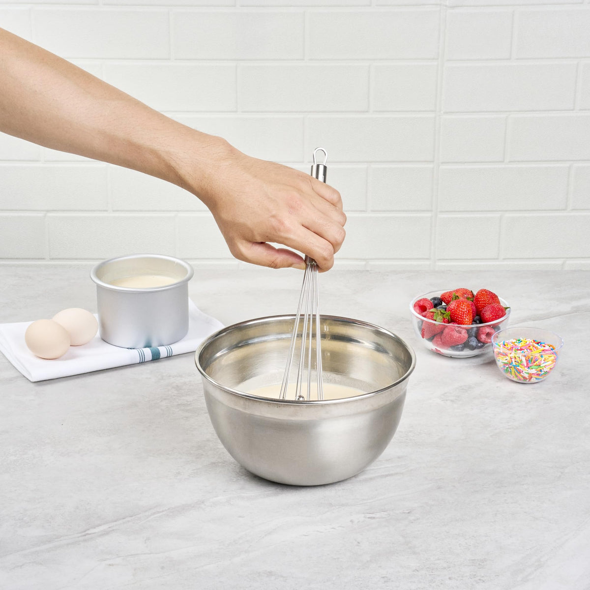 Restaurantware eyelet hook enables convenient storage of the whisk within reach.