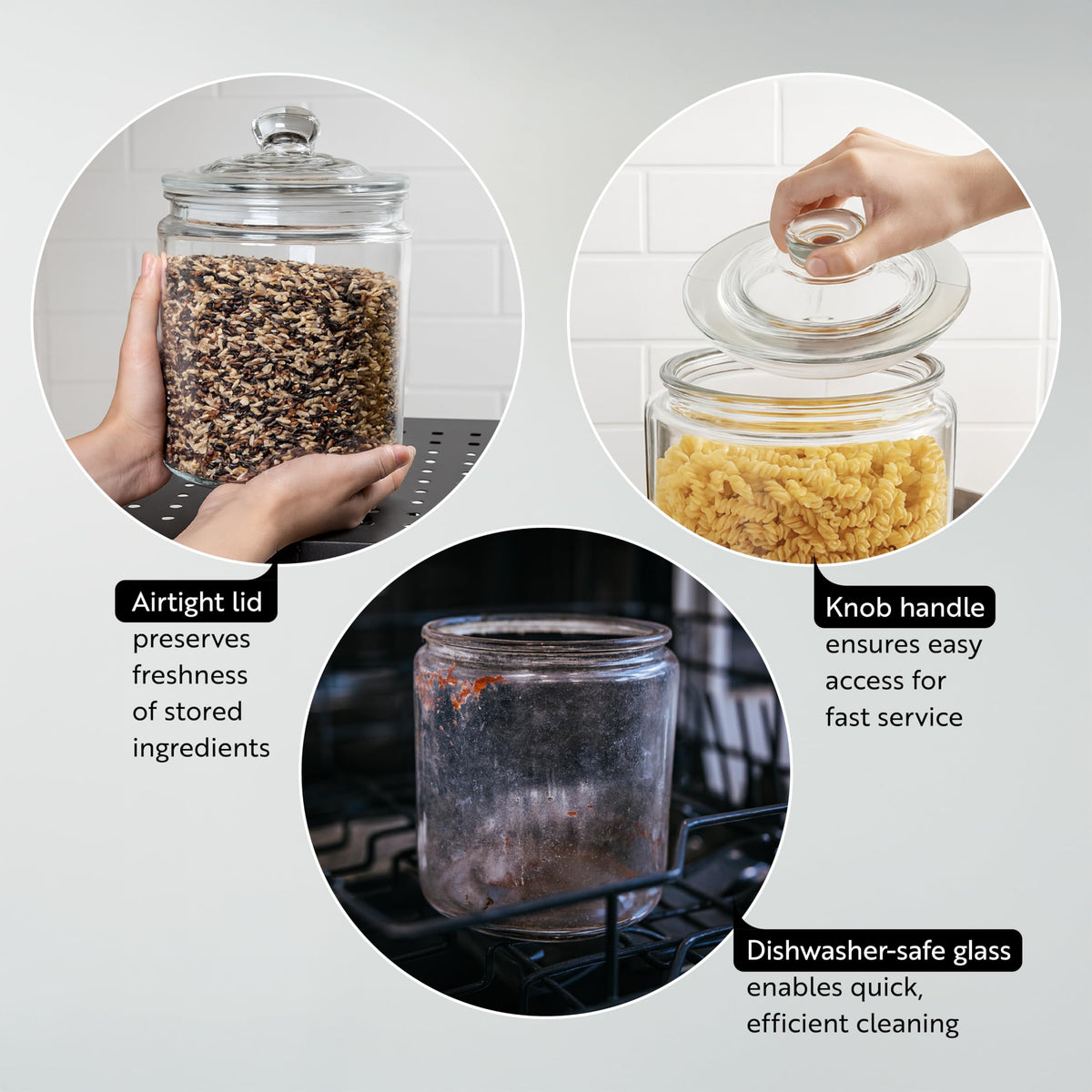 Restaurantware glass storage container dishwasher-safe for simple cleaning.