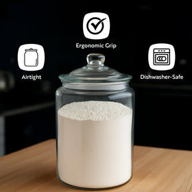 Restaurantware clear glass storage container ideal for pantry organization.
