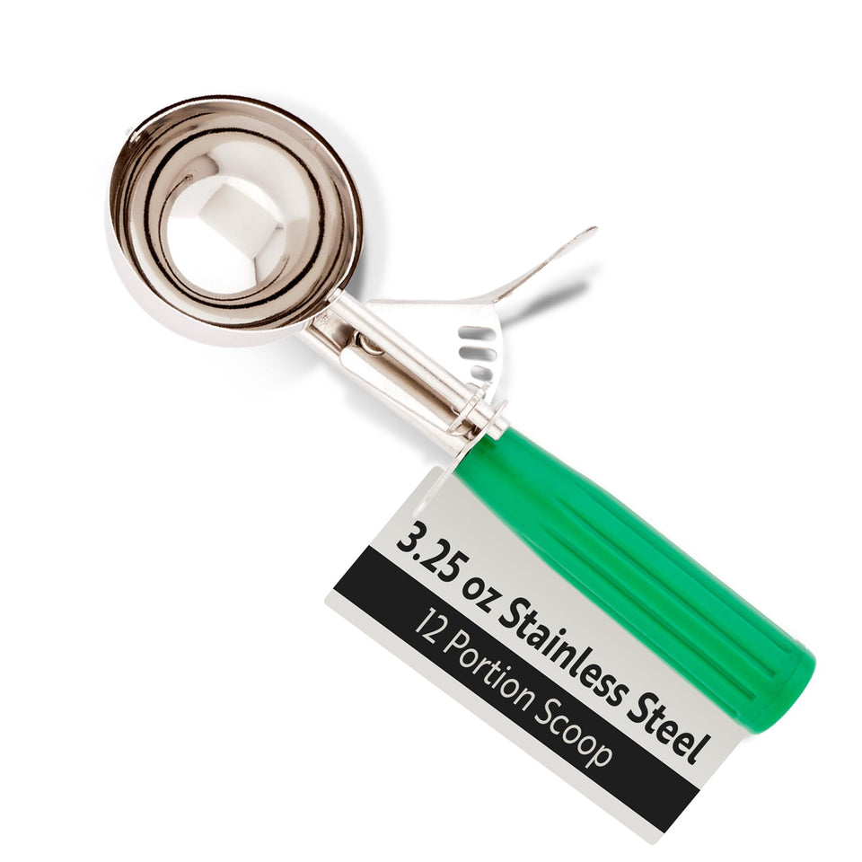 Restaurantware Met Lux 3.25-ounce scoop with green handle for consistent portions.