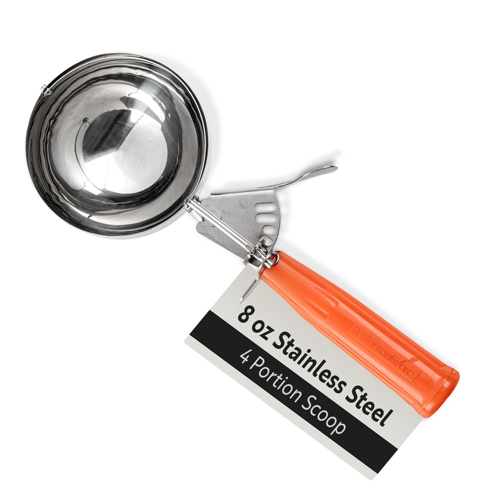 Restaurantware Met Lux 8 oz scoop with thumb trigger for precise portions.