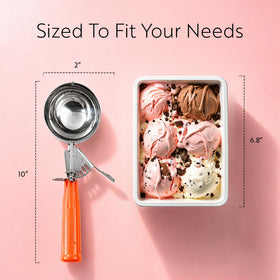 Restaurantware Met Lux orange handle thumb-trigger scoop provides secure grip.