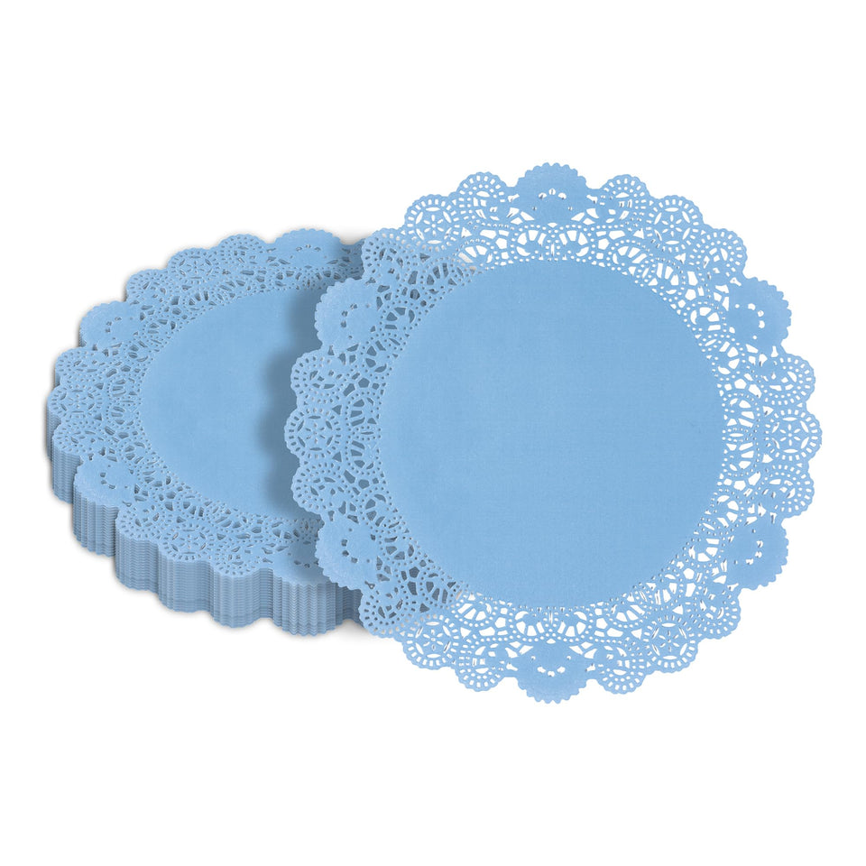 Restaurantware Pastry Tek sky blue doilies under desserts for elegant presentation