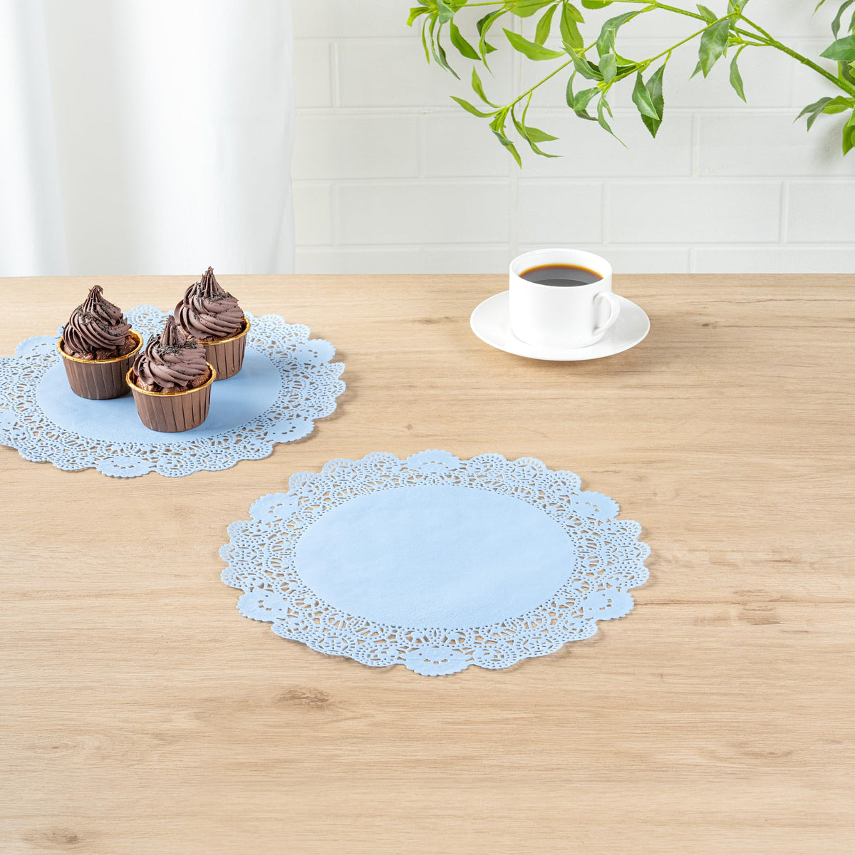 Sky blue finish complements varied table settings and themes