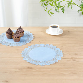 Sky blue finish complements varied table settings and themes
