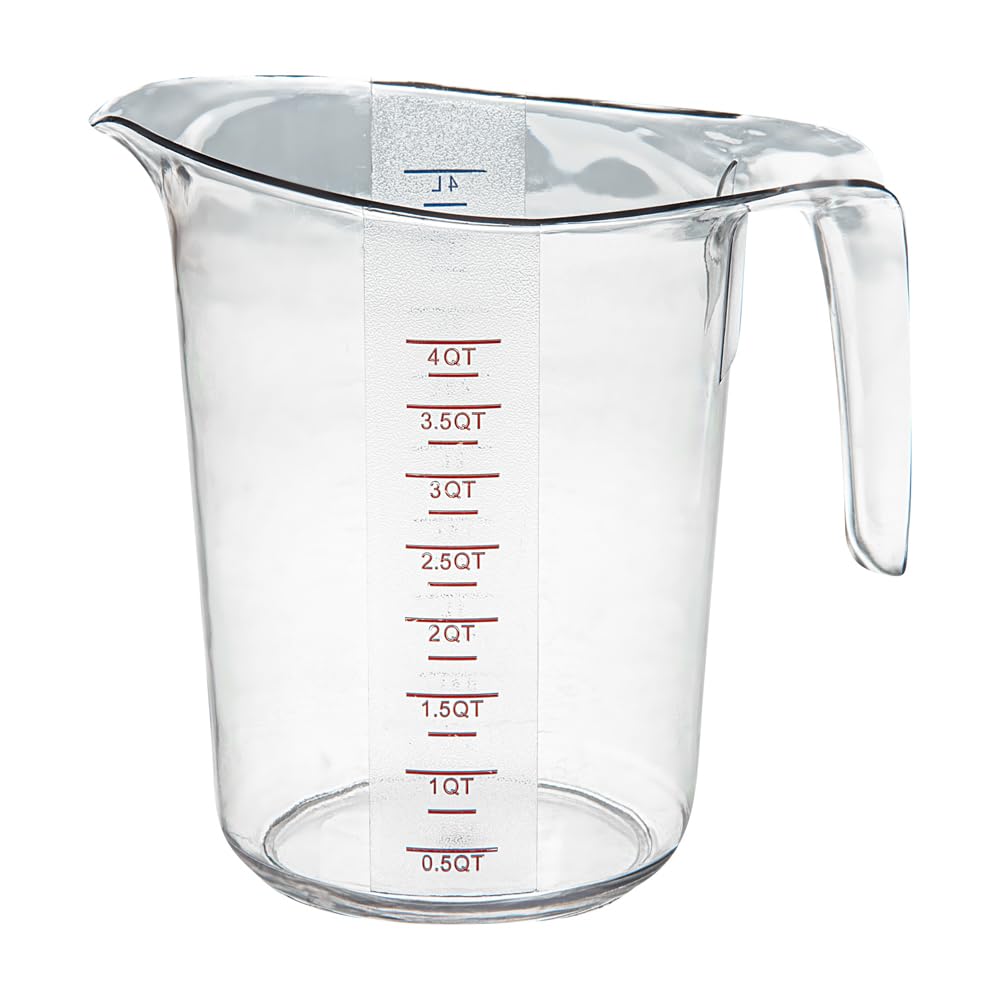Restaurantware RW Base 4-Quart measuring jar with V-shaped spout for controlled pouring.