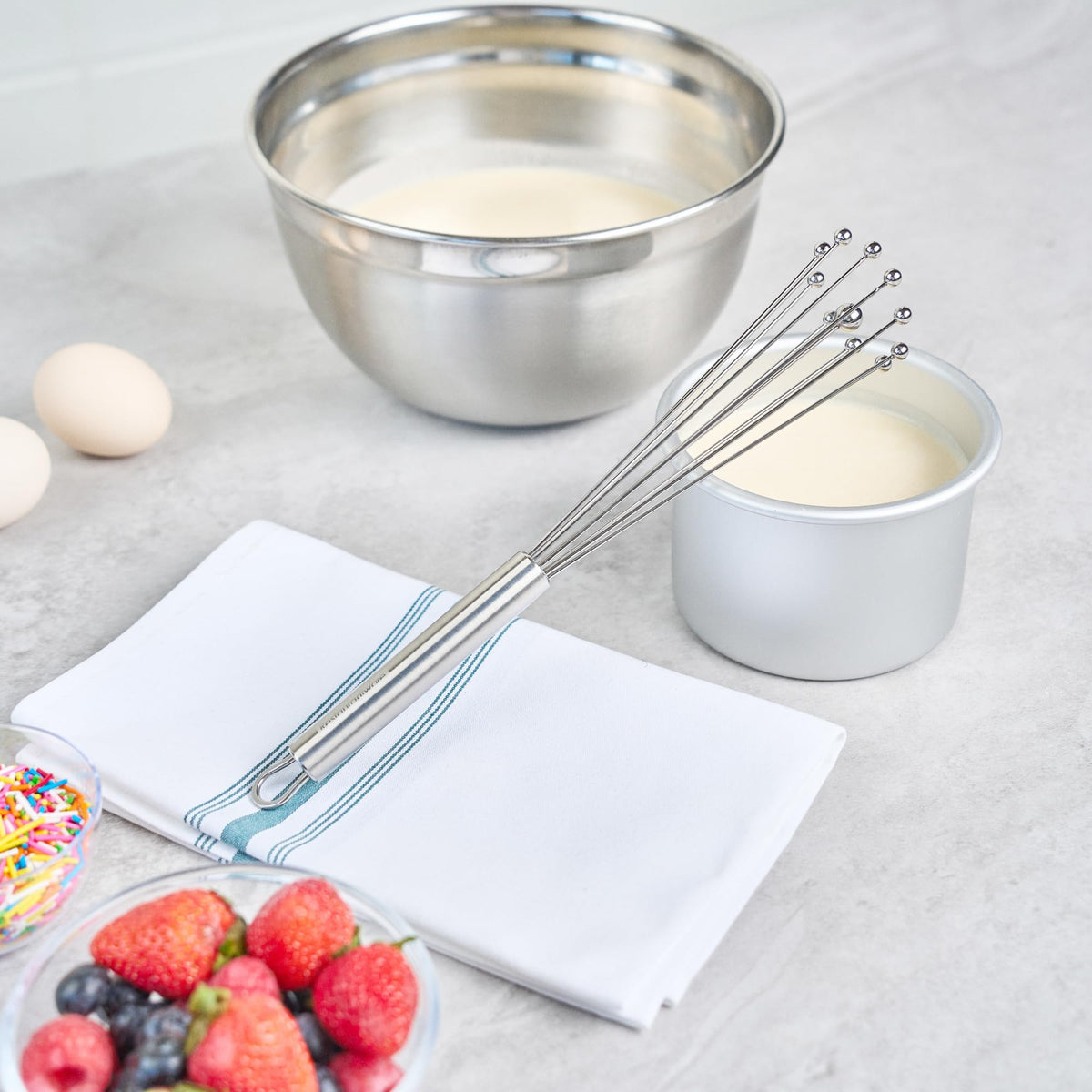 Restaurantware stainless steel kitchen whisk built for frequent daily use.