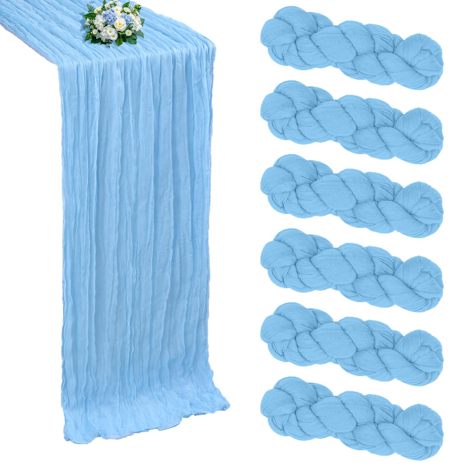 RestfulGlow six-pack baby blue cheesecloth table runner laid across a long dining table for romantic boho ambiance