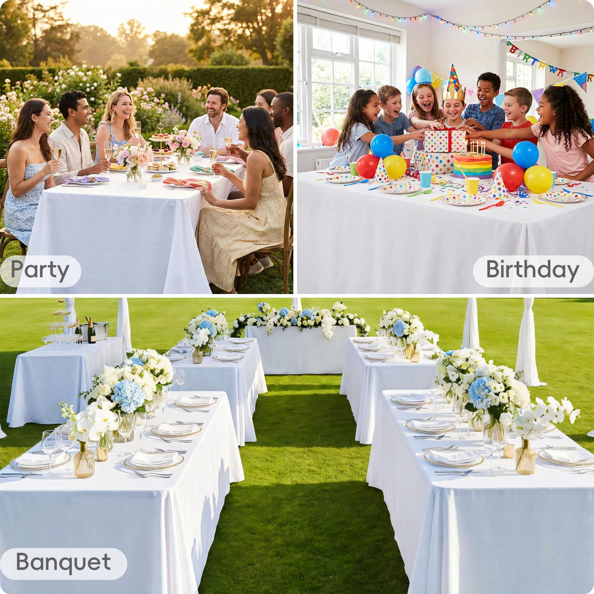 RestfulGlow 8ft table coverage keeps tables neat at parties.