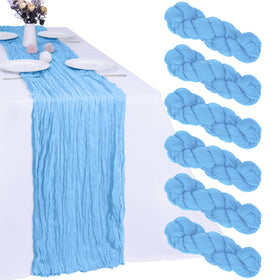 RestfulGlow baby blue cheesecloth table runner 10ft rests gracefully for wedding decor.