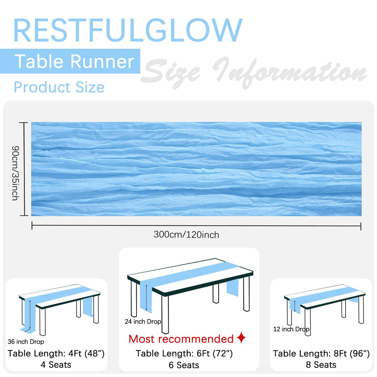 RestfulGlow baby blue cheesecloth table runner 10ft enhances shabby-chic party ambiance.