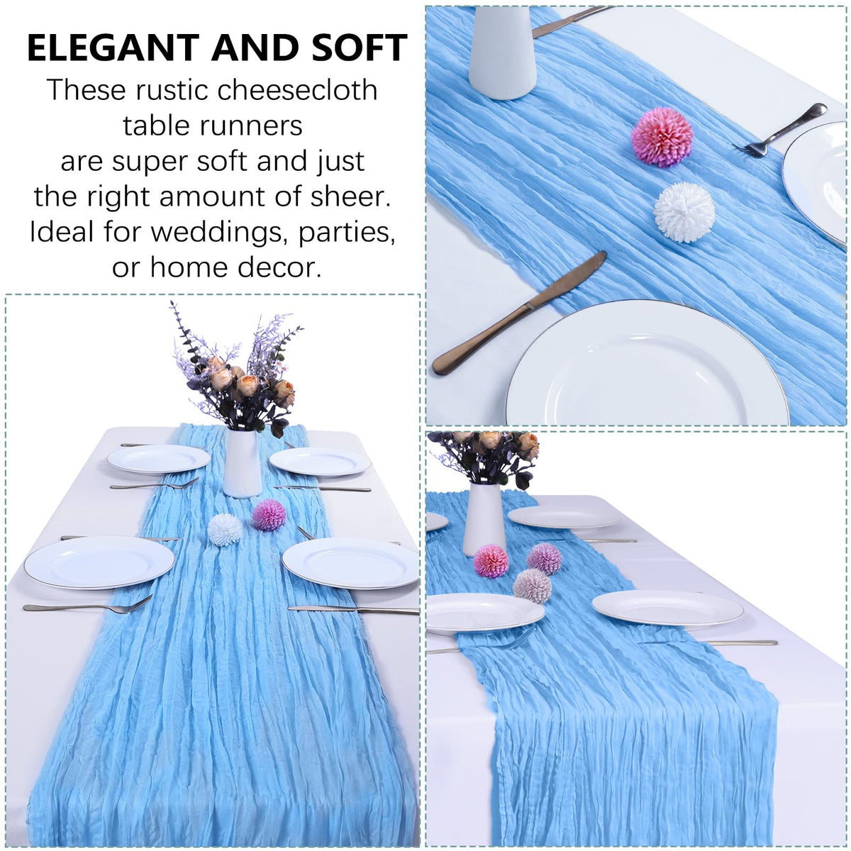 RestfulGlow 10ft baby blue cheesecloth runner supports flexible backdrop draping.