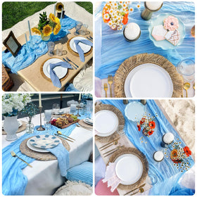 RestfulGlow baby blue cheesecloth runner is reusable and easy to refresh.