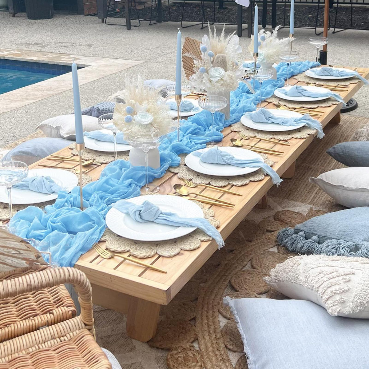 RestfulGlow care and setup guide for baby blue cheesecloth table runners