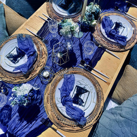 RestfulGlow royal blue cheesecloth table runner brightens home decor and gatherings.