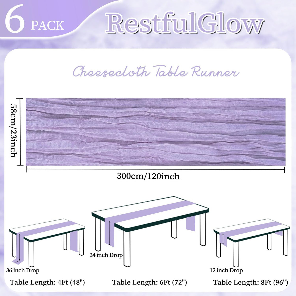 RestfulGlow lavender cheesecloth backdrop runner used for draping ceilings and photo backdrops.