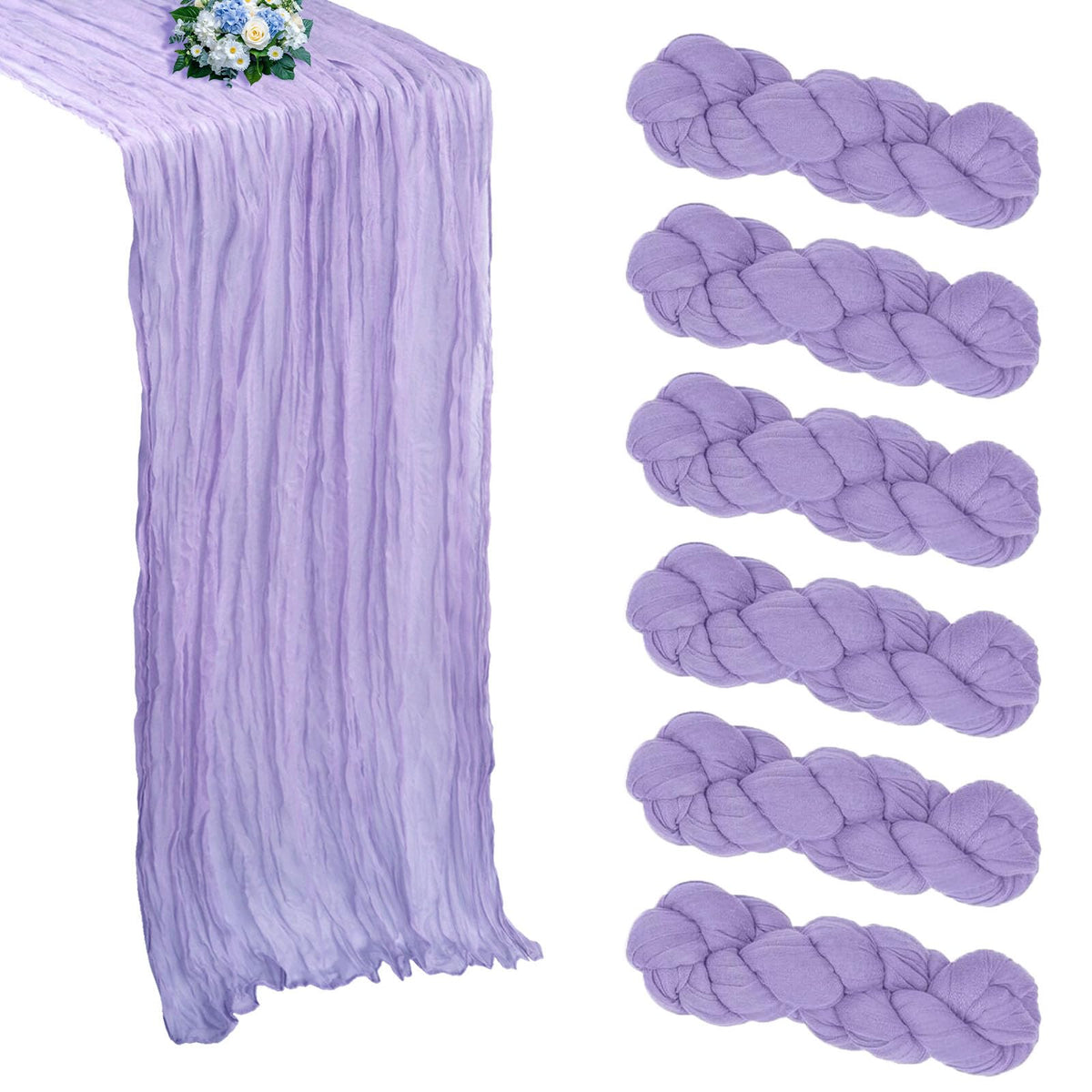 RestfulGlow lavender cheesecloth table runner on table, ideal for weddings and elegant celebrations.