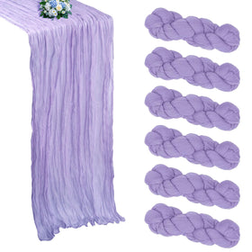 RestfulGlow lavender cheesecloth table runner on table, ideal for weddings and elegant celebrations.