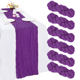 RestfulGlow purple cheesecloth table runner on a table for elegant dinner decor
