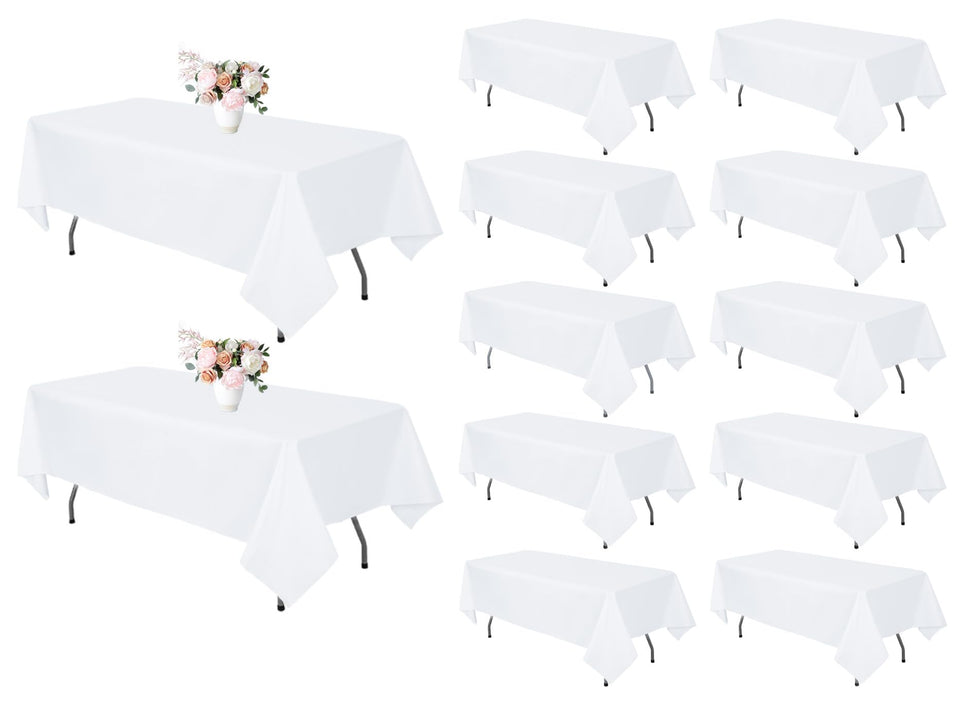 RestfulGlow white 60x102 inch rectangle tablecloth with 15-inch drop on 6ft tables.