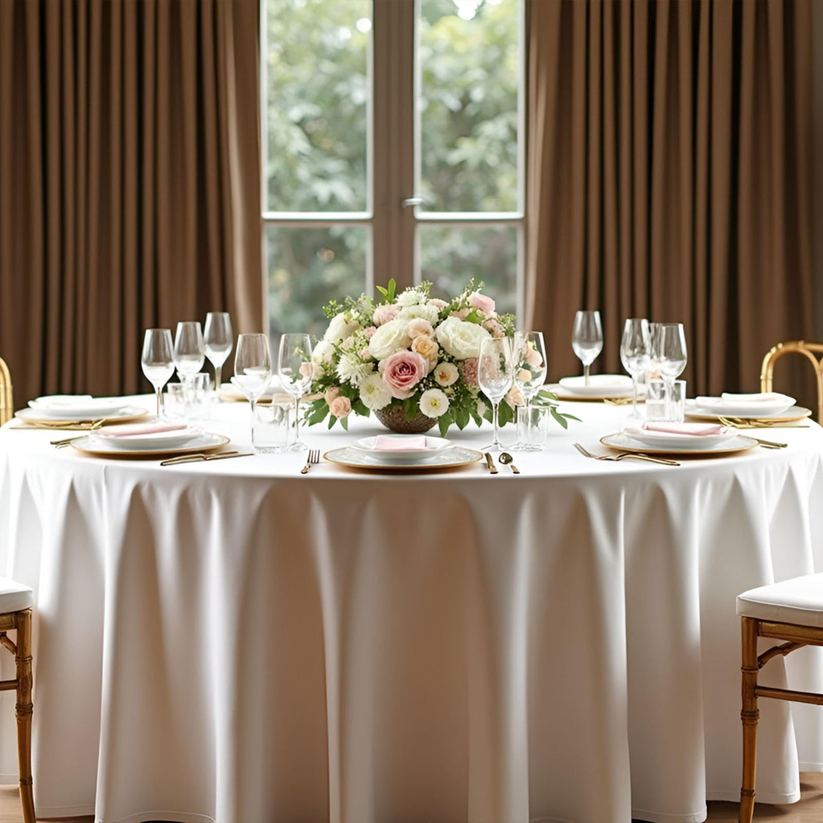 RestfulGlow round tablecloth setup ideal for wedding dining scenes
