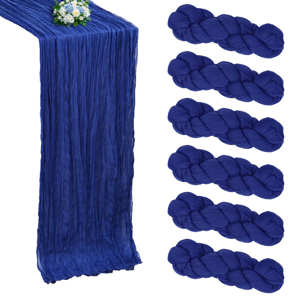 RestfulGlow royal blue cheesecloth table runner 10ft, ideal for elegant weddings.