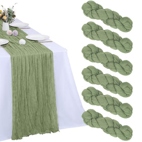 RestfulGlow sage green cheesecloth table runner close-up showing crinkled rustic texture