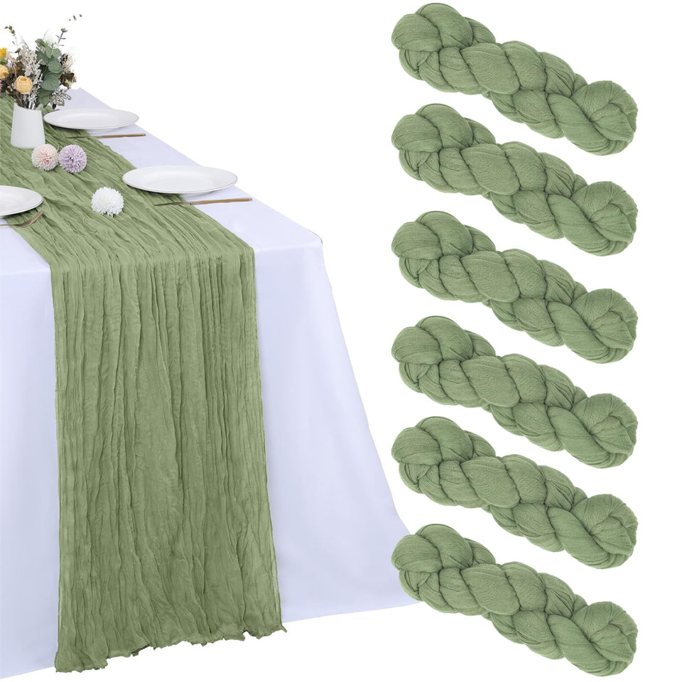 RestfulGlow sage green cheesecloth table runner close-up showing crinkled rustic texture