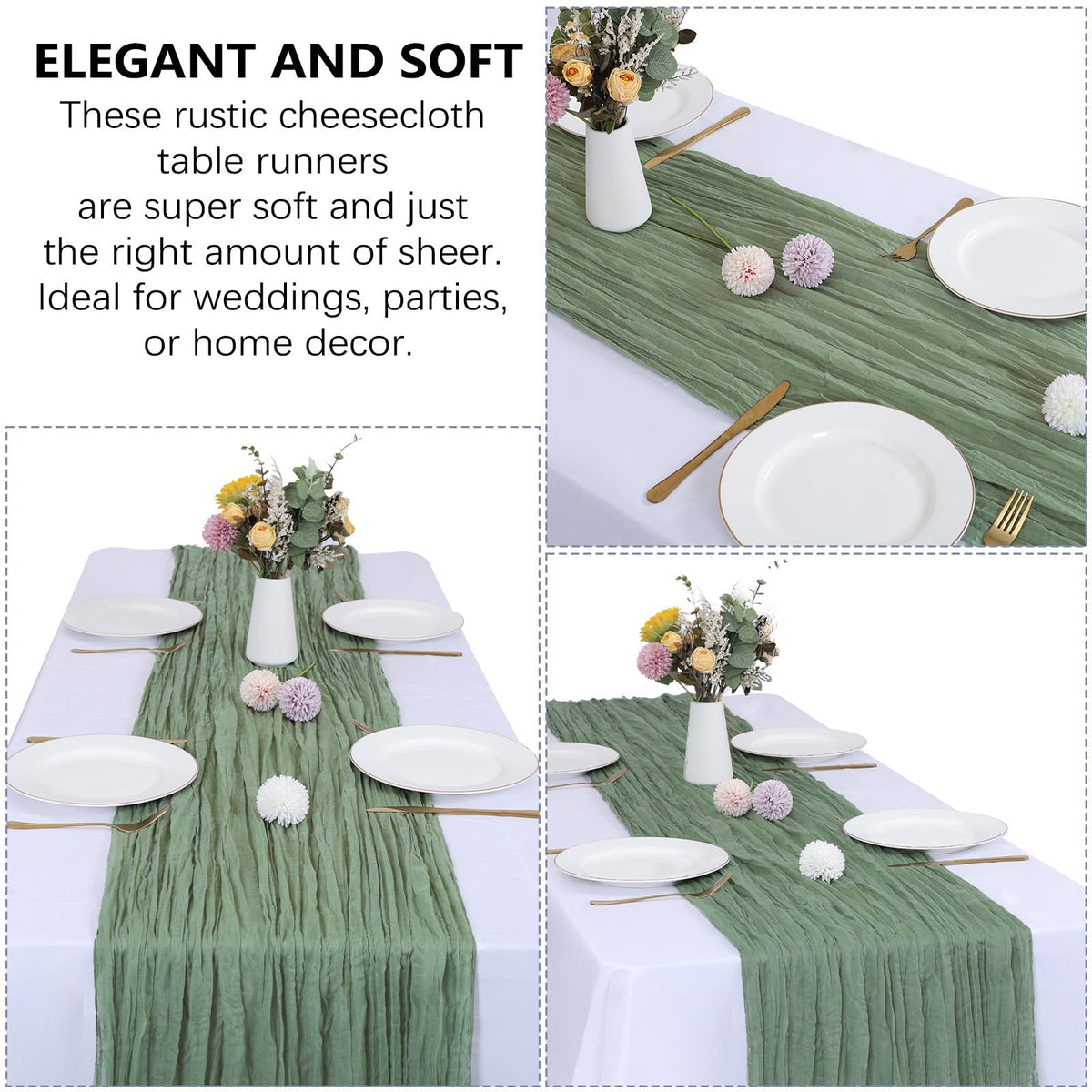 RestfulGlow wedding decor using sage green runner for backdrop accents