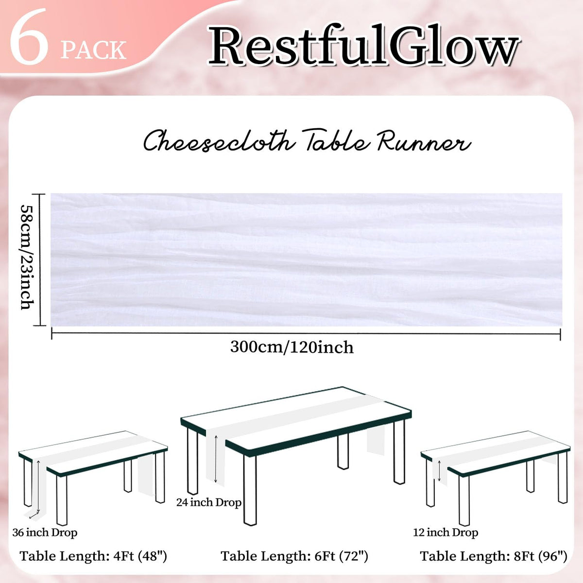 RestfulGlow white cheesecloth table runner drape closeup highlighting sheer texture and craftsmanship.