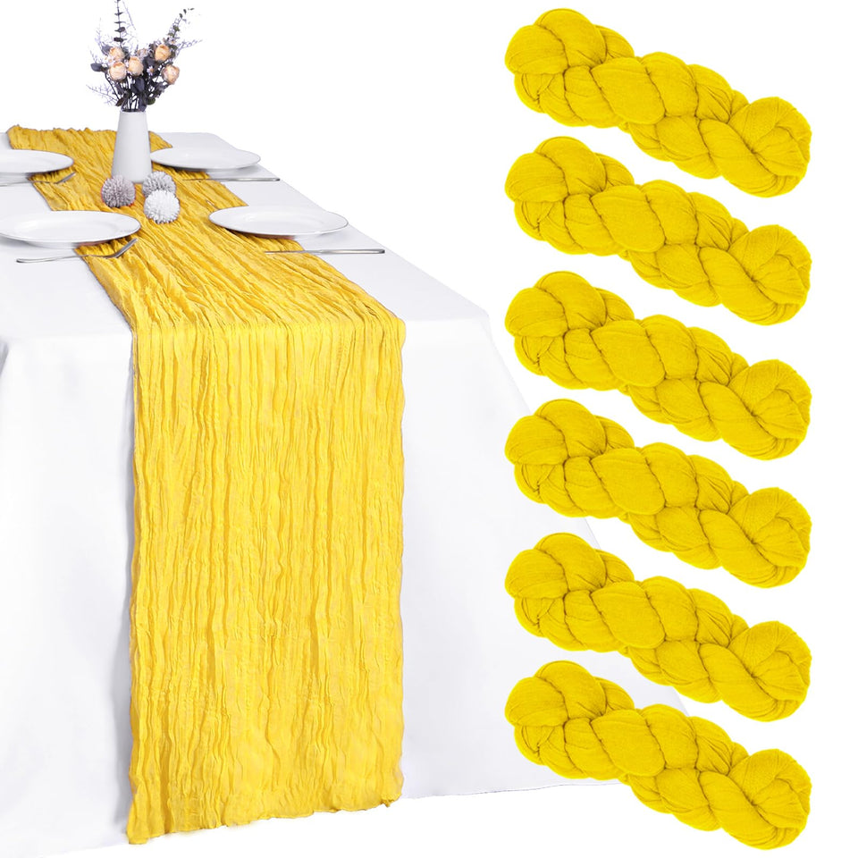 RestfulGlow yellow cheesecloth table runner 10ft pack laid out for a festive wedding or party setup