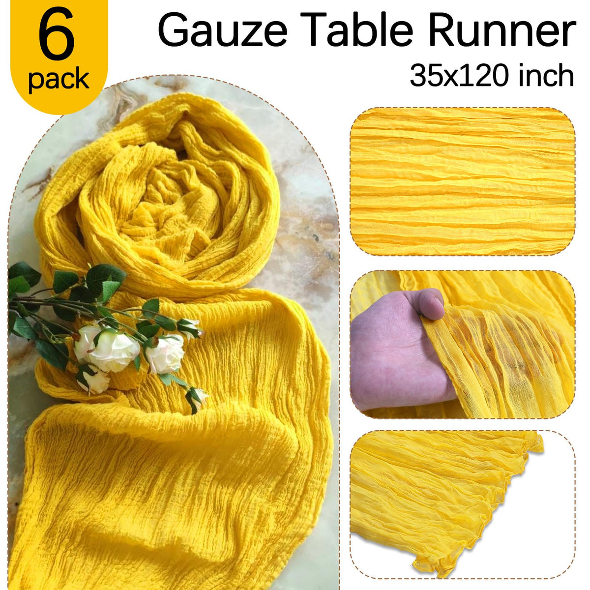 RestfulGlow yellow edge stitching detail on the cheesecloth runner