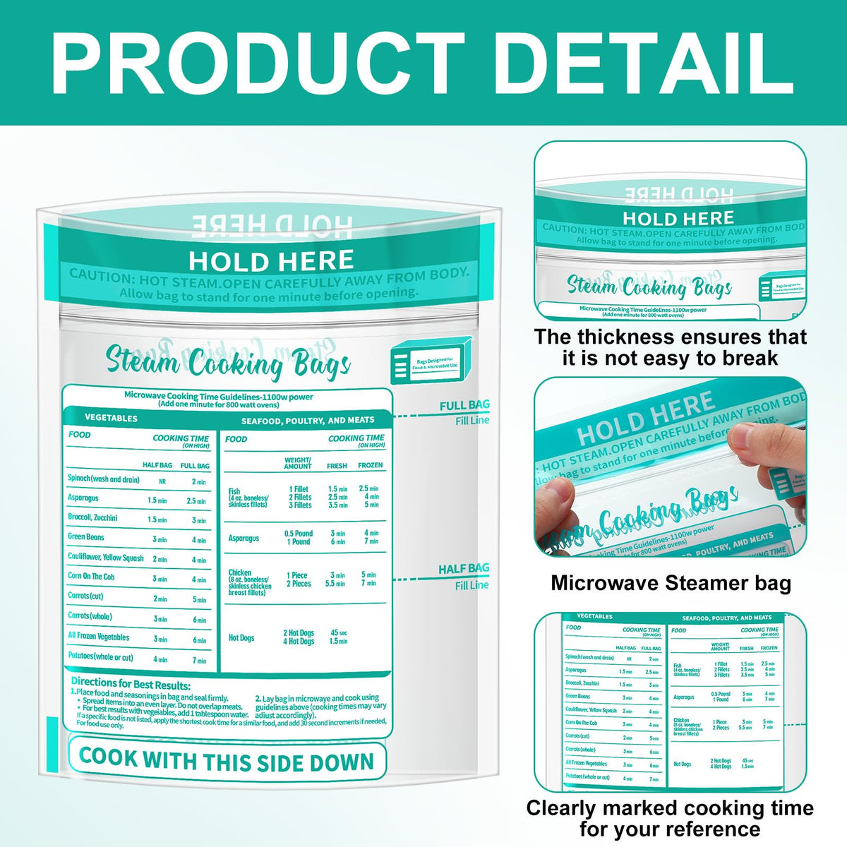 Resurhang zipper microwave steam bag for meat, sealing juices during steaming.