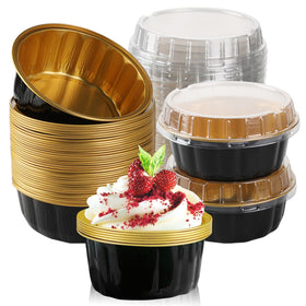 Retainbre 8oz aluminum foil cup with lid in black for easy single servings.