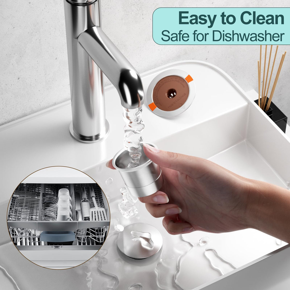 RETHONE easy-clean K cup for quick rinsing under tap.