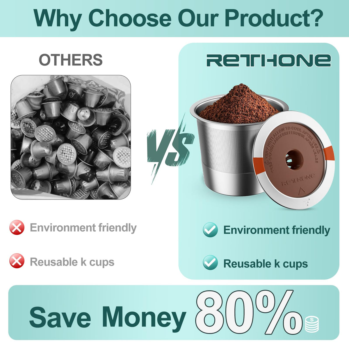 RETHONE stainless steel K cup offers durable, eco-friendly brewing.