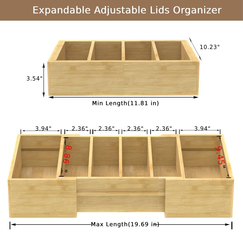 Retro Shaw bamboo lids organizer front view highlights durable, eco-friendly construction.