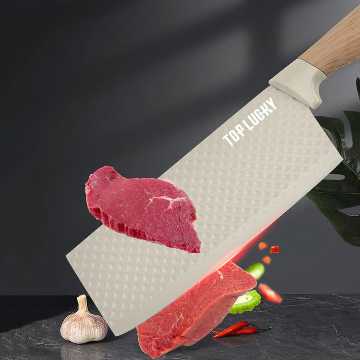 RETROSOHOO khaki chef knife cutting meat with precision