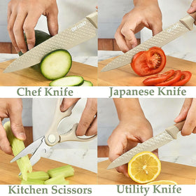 RETROSOHOO khaki Japanese knife slicing vegetables precisely