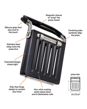 Revolution Toastie Press open clamshell reveals effortless, mess-free cooking