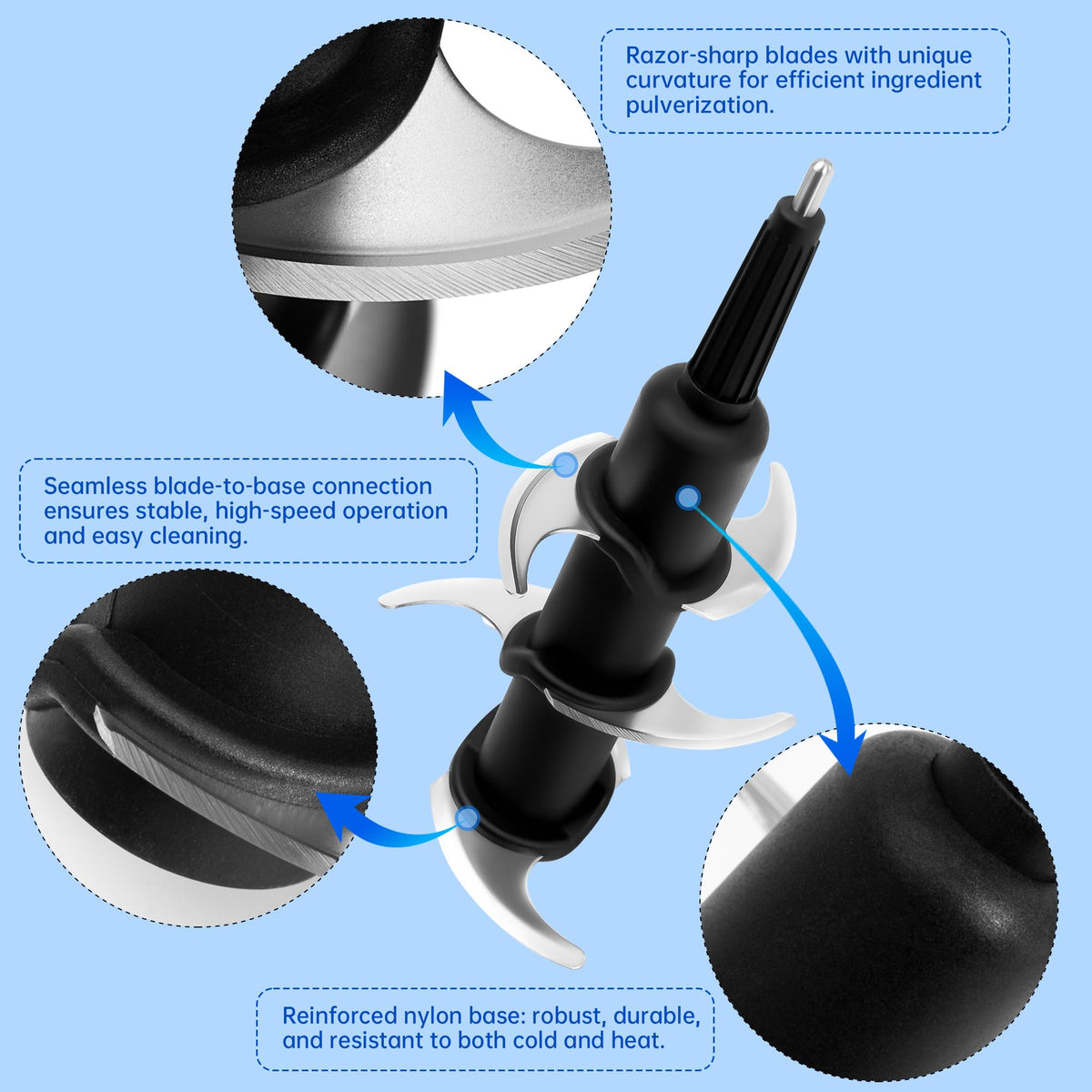 Revorit six-blade stainless design offers durable, thorough mixing.
