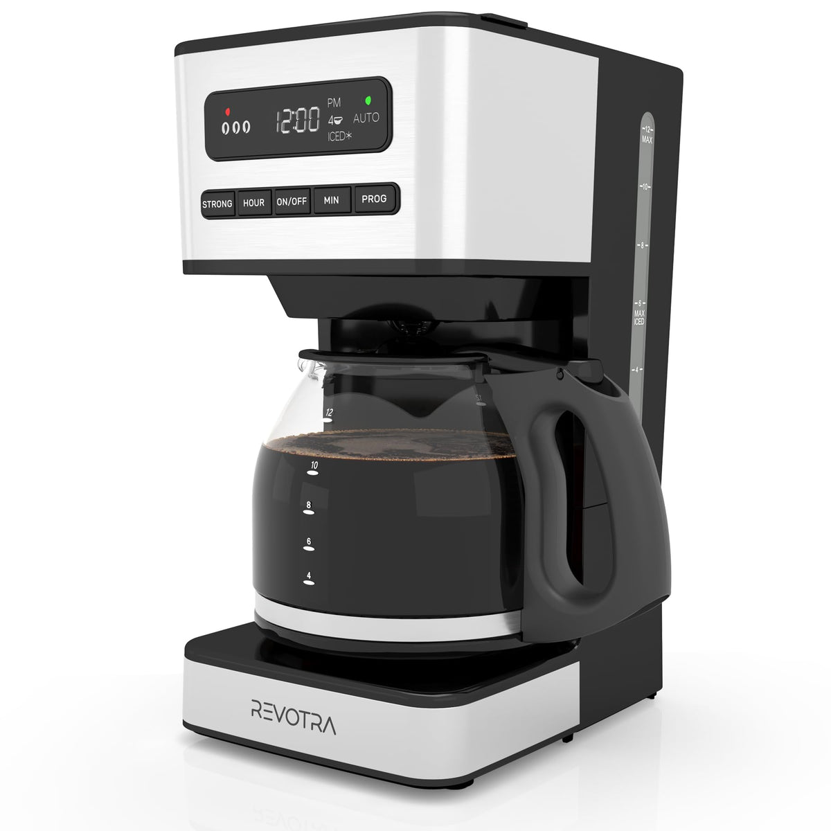 REVOTRA 12-cup coffee maker front view with LED display for easy programming