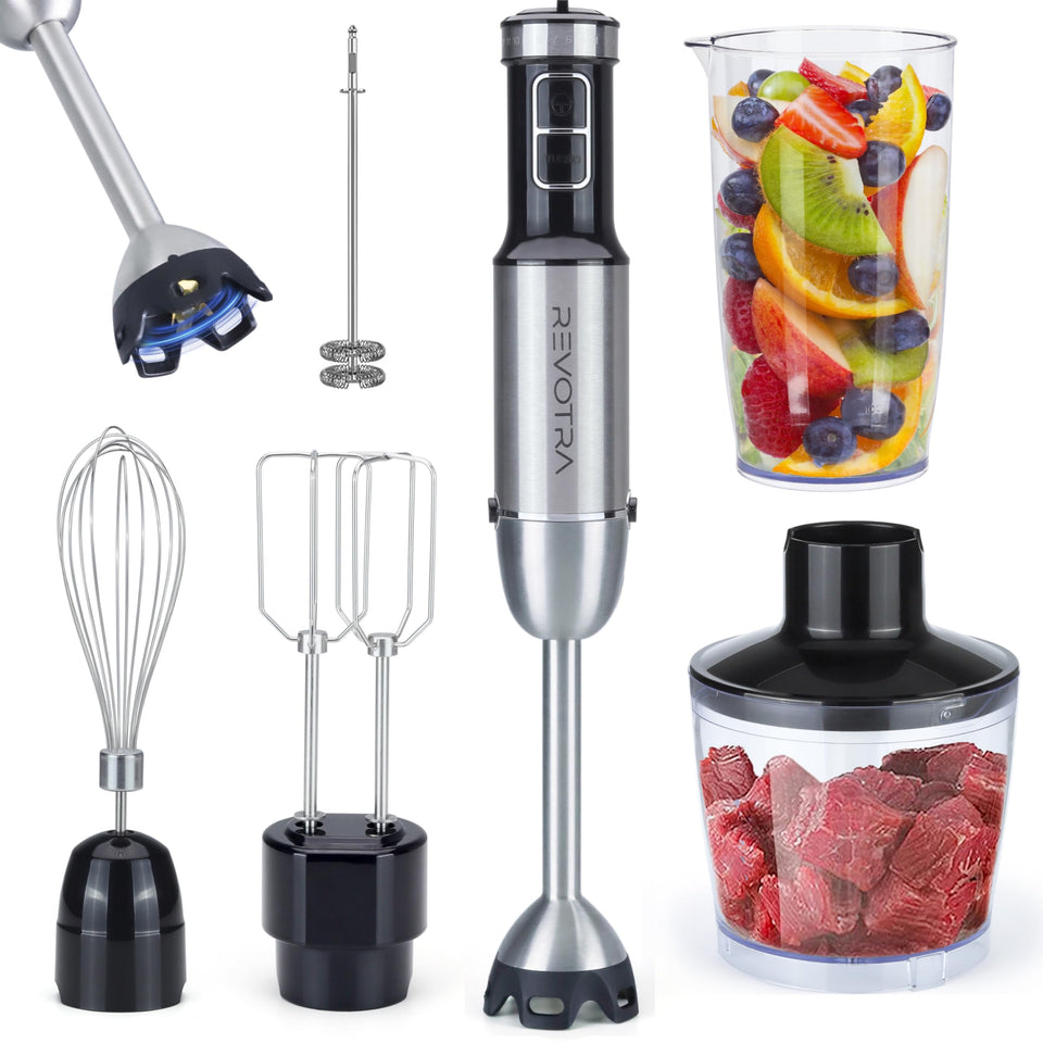 REVOTRA immersion blender 6-in-1 set for silky smoothies and sauces.