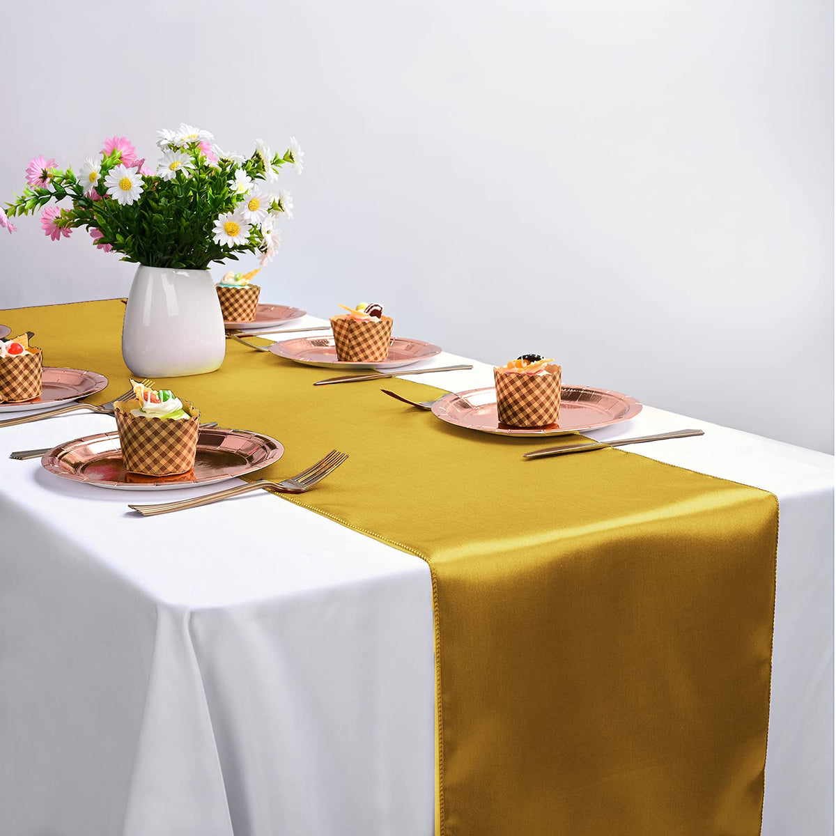REWOMC satin table runner used as chair sash for decoration.