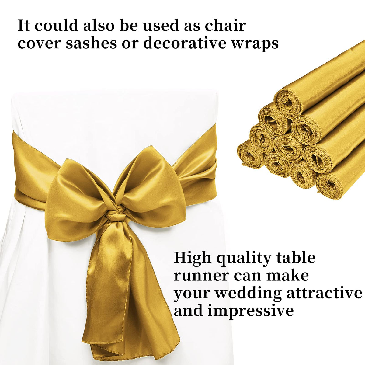 REWOMC wedding table setup with gold satin runner for elegance.