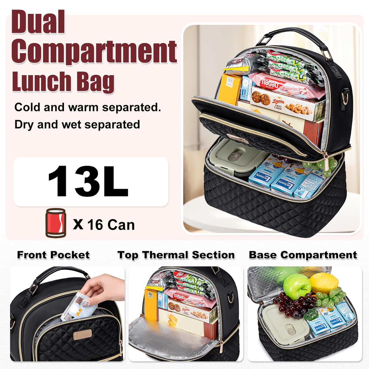 REXMONA lunch bag top compartment detail for snacks or tissues during travel