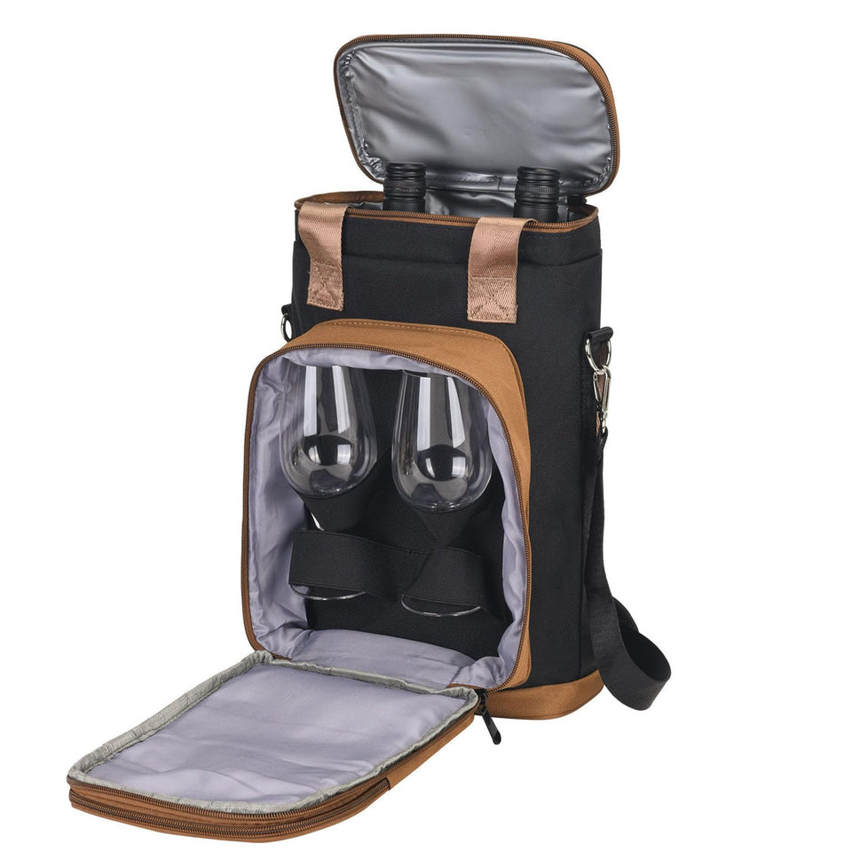 Rexmore insulated two-bottle tote front view for easy travel and presentation