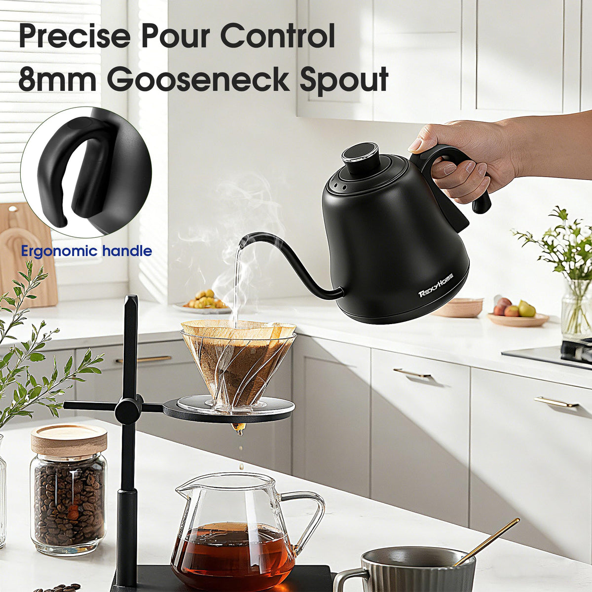 REXYHOME gooseneck kettle control panel displays presets and temperature switch for flexibility.